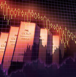 '골드바'가 여러개 세워져있고 캔틀차트가 띄워진 이미지다.