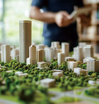 '고층빌딩' 모형이다. 뒤에는 사람이 수첩을 들고 서있다.