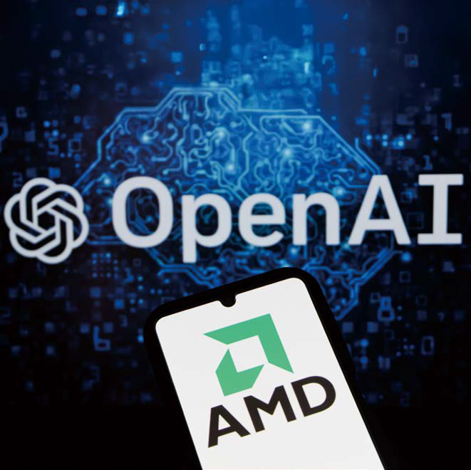 'OpenAI'와 휴대폰에 AMD의 화면이 보이는 이미지다.