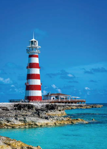 프라이빗 섬 오션 케이의 명물, 비미니 등대이다. 빨간색과 흰색이 순서대로 섞인 등대는 멀리에서도 눈에 띈다.