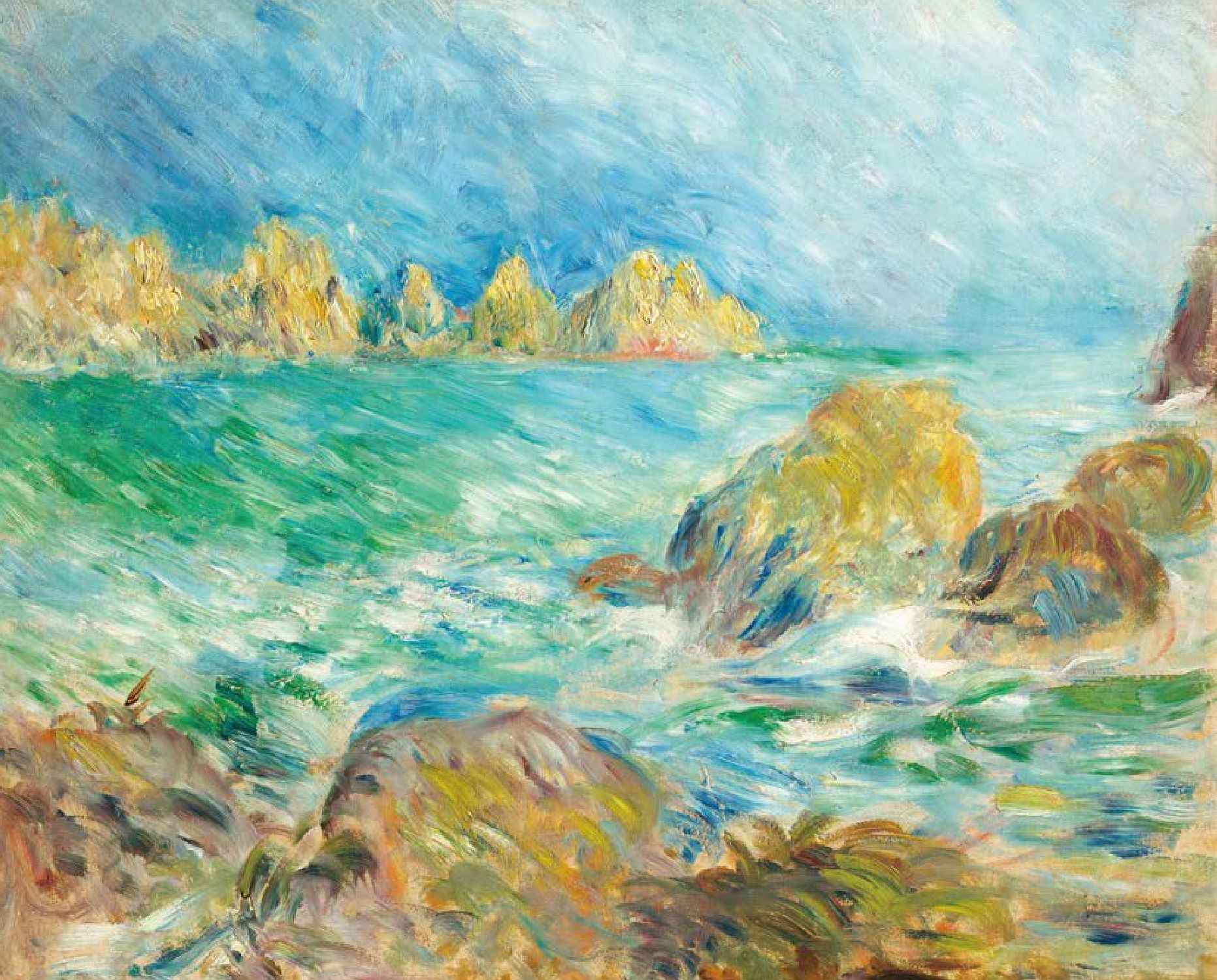 거친 붓질로 표현된 해안 풍경으로, 청록빛 바다와 흰 포말의 파도가 전경의 바위에 부딪히고, 뒤로는 황금빛 바위 절벽과 푸른 하늘이 어우러진 인상주의적 해양 풍경화이다.