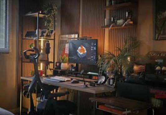 '따뜻한 조명'과 '우드 슬랫 벽면이 조화로운 아늑한 작업 공간'입니다.