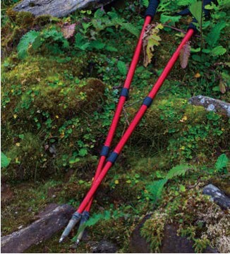 '숲속 바위 위에 기대어 놓인 빨간 등산 스틱이 자연 환경과 어우러진 모습'이다.