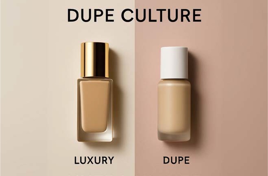 'DUPE CULTURE'라는 문구 아래 '고가의 파운데이션과 그를 대체할 저렴한 제품 두 병이 나란히 놓여 비교'되고 있다. 왼쪽은 금색 뚜껑, 오른쪽은 흰색 뚜껑이다.
