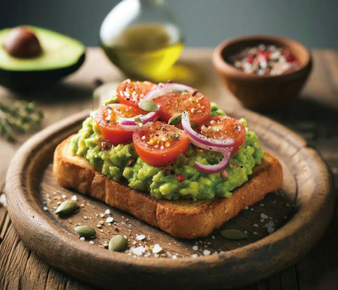 '아보카도'로 만든 소스가 구운 식빵 위에 얹어져있다.
