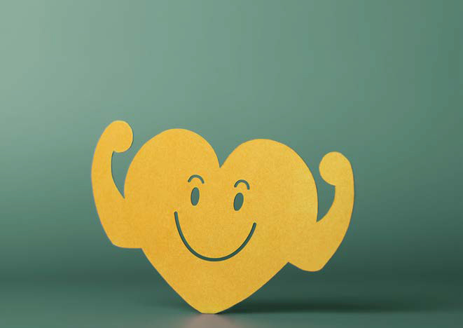 노란색 웃고있는 '하트' 모양이 팔을 들고 있는 모습이다.