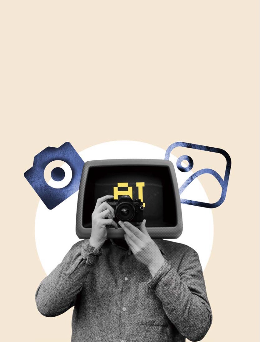 '카메라를 든 사람의 머리 위치에 TV 모니터가 놓여 있고 화면에 AI 글자'가 적혀 있다.