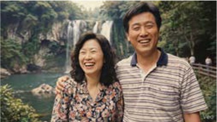'폭포 배경 사진 속의 부부가 환하게 웃는 모습으로 클로즈업'되어 생동감이 느껴진다.