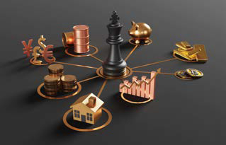 이 이미지는 중앙에 **체스의 킹 말(king piece)**이 서 있고, 그 주변으로 여러 경제·금융 자산을 상징하는 아이콘들이 원형으로 배치되어 있다.