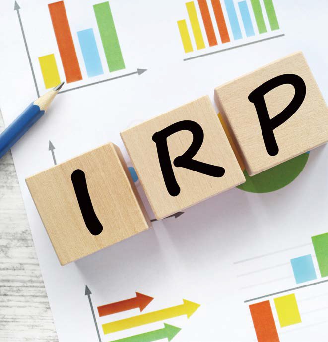 'IRP'라고 적힌 나무블록이 놓여있다. 뒤에는 다양한 색과 종류의 그래프가 그려진 종이가 깔려있다.