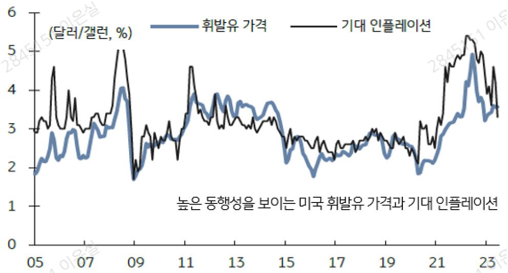 높은 동행성을 보이는 미국 휘발유 가격과 기대 인플레이션을 나타낸 그래프이다.
