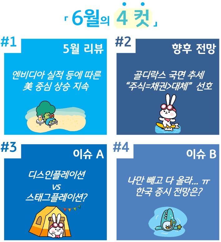 5월 리뷰 엔비디아 실적 등에 따른 미 중심 상승 지속, 향후 전망 등 이슈를 내용으로 한 '4컷' 구성이다.