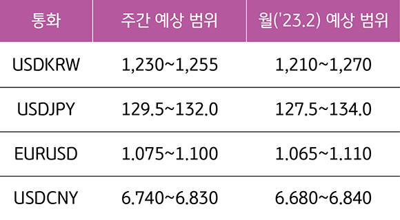 2023년 2월 기준이며, 영국, 한국, 일본, 유럽, 중국 각국의 '통화'를 나타낸 표. '환율'을 주간으로 예상하여 범위를 나타내고, 2023년 2월로 예상하여 범위를 나타냈다.