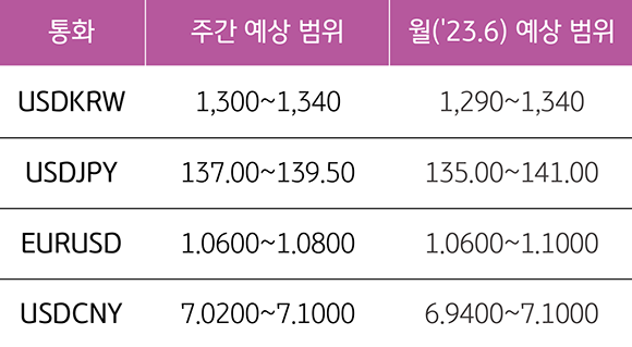 2023년 5월 5주차 기준, 통화 별 '주간 예상범위'와 '23년 6월 예상 범위"를 나타낸 표다.