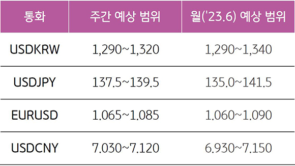 2023년 6월 2주차 기준, 통화 별 '주간 예상범위'와 '23년 6월 예상 범위"를 나타낸 표다.