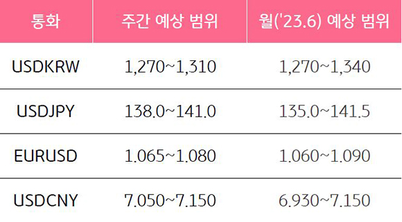  2023년 6월 3주차 기준, 통화 별 '주간 예상범위'와 '23년 6월 예상 범위"를 나타낸 표다.