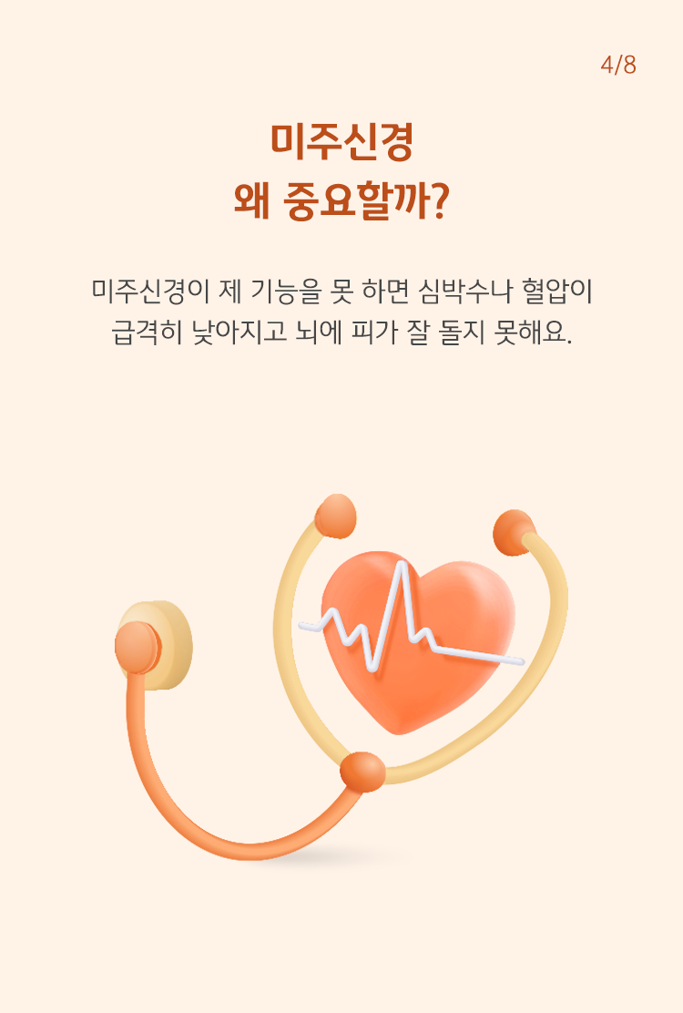 미주신경의 왜 중요할까? 미주신경이 제 기능을 못 하면 심박수나 혈압이 급격히 낮아지고 뇌에 피가 잘 돌지 못해요.