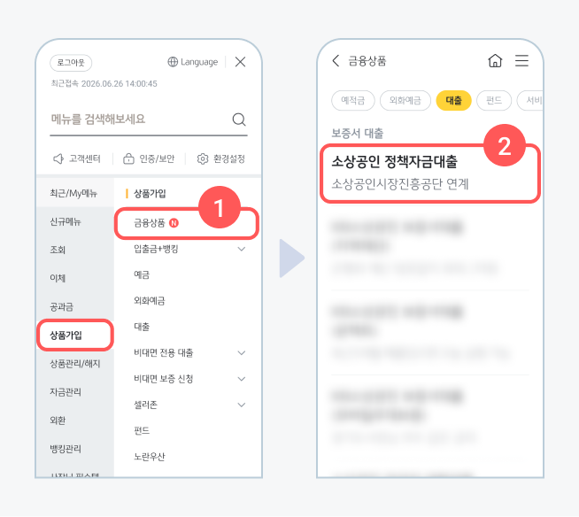 KB 앱을 통해 '소상공인 정책자금대출'을 볼 수 있는 화면을 설명하는 모습이다.