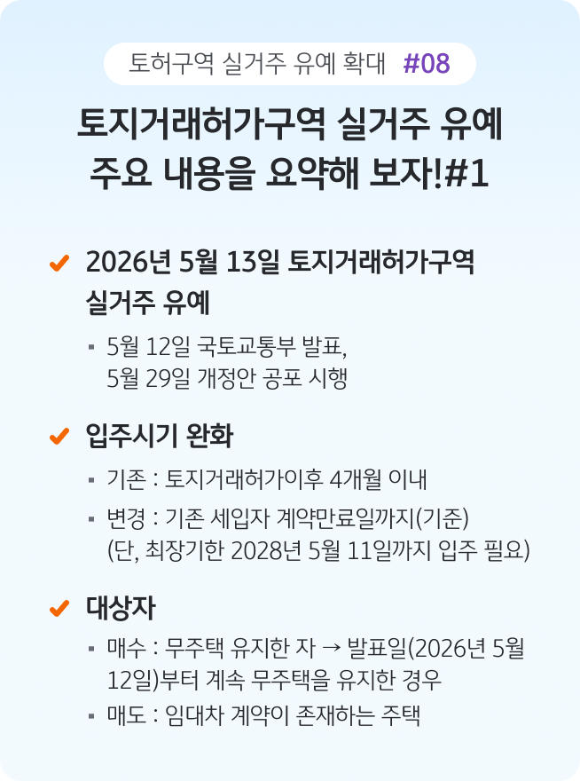 '토지거래허가구역 실거주 의무 유예 제도의 핵심 내용을 요약한 인포그래픽'으로, '시행 시기와 입주 의무 완화 내용, 무주택 실수요자 대상 조건을 한눈에 정리'한 자료다.