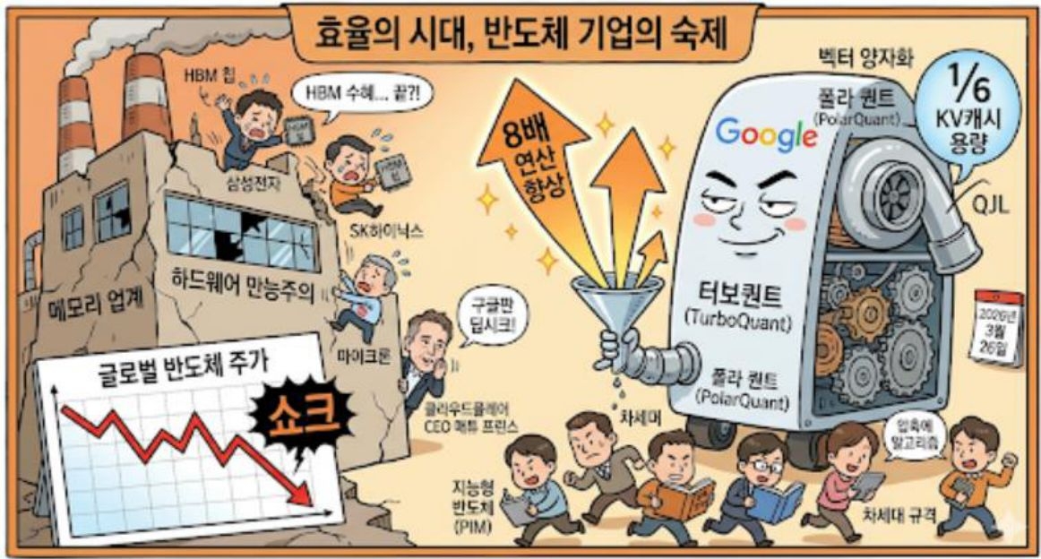 효율의 시대, 반도체 기업의 숙제라는 제목과 '터보퀀트'의 등장으로 용량 압축 등 8배 연상 향상을 기계를 통해 보여주고 있고, 메모리 업계 및 하드웨어 만능주의를 공장으로 비유하여 우하향하는 그래프를 통해 흔들리고 있음을 표현하고 있습니다.