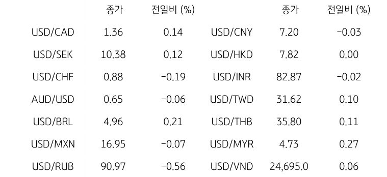 USD/CAD, USD/SEK,USD/CHF, AUD/USD, USD/BRL, USD/MXN, USD/RUB등의 종가와 전일비를 보여주어 글로벌 주요 통화 동향을 나타내고 있다.