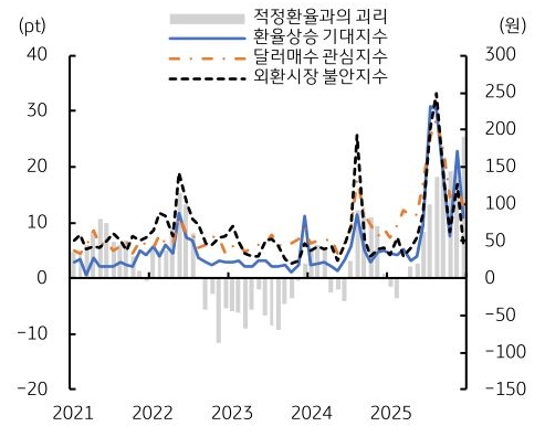2021년부터 2025년까지 한국의 '적정환율'과의 괴리, 환율상승 기대지수, 달러매수 관심지수, 외환시장 불안지수 추이를 그래프로 정리했다.