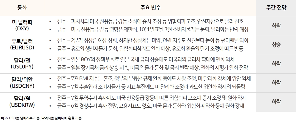 통화에는 '미 달러화(DXY)', '유로/달러(EURUSD)', '달러/엔(USDJPY)', '달러/위안(USDCNY)', '달러/원(USDKRW)'으로 구성되어 있으며 주간 전망은 '미 달러화(DXY)' 하락, '유로/달러(EURUSD)' 상승, '달러/엔(USDJPY)' 하락, '달러/위안(USDCNY)' 하락, '달러/원(USDKRW)' 하락 으로 되어있다.