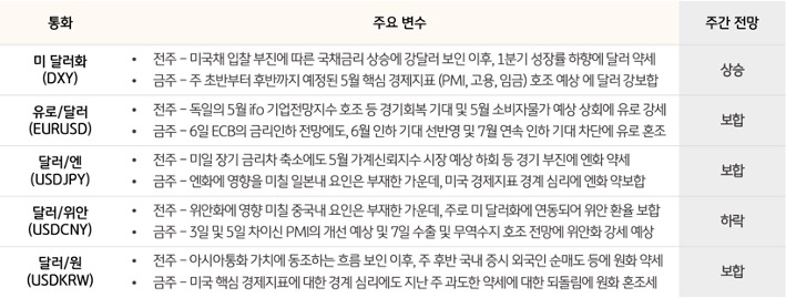 '주요 통화'의 '동향 및 전망'을 정리한 표로 달러와 주요 통화간의 주간 전망 방향과 변수를 보여준다.