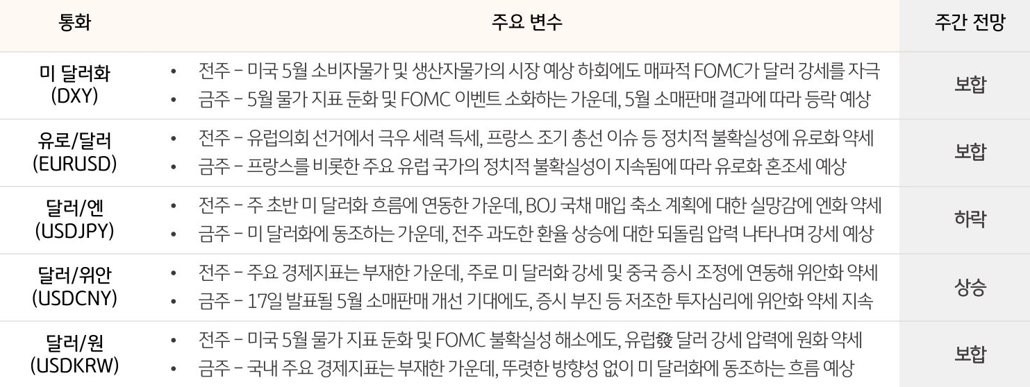 '주요 통화'의 '동향 및 전망'을 정리한 표로 달러와 주요 통화간의 주간 전망 방향과 변수를 보여준다.