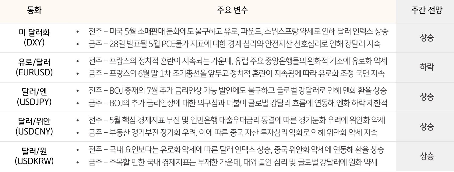 '주요 통화'의 '동향 및 전망'을 정리한 표로 달러와 주요 통화간의 주간 전망 방향과 변수를 보여준다.