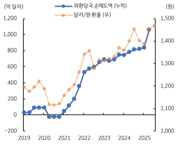 2019년부터 2025년까지 '외환당국 순매도액' 및 '달러/원 환율' 추이를 그래프로 정리했다.
