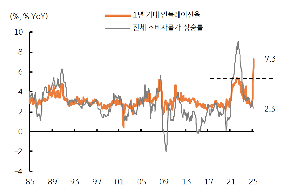 미국 미시건대 '1년 기대 인플레이션'과 '소비자물가 상승률' 추이를 보여주는 그래프이다.
