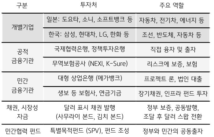 '투자처'와 주요 역할을 정리한 표이다. 대미 투자는 민간 기업에서 진행하며, 금융기관이 지원한다.