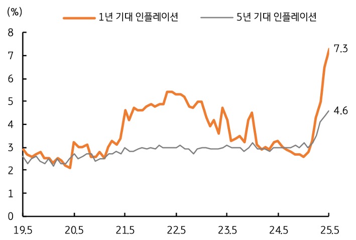 19년 5월 부터 25년 5월 까지 '미국' 1년 '기대 인플레이션', 5년 기대 인플레이션 추이를 그래프로 정리했다.