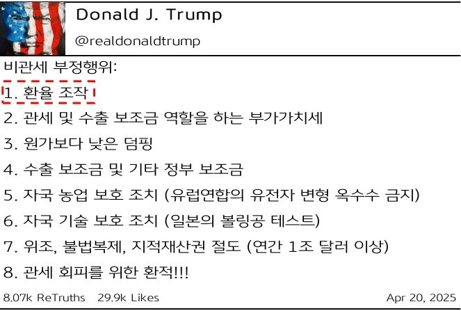 '트럼프' 대통령의 소셜미디어에 '비관세 부정행위' 8가지를 나열한 내용을 정리했고 특히 환율조작 부분에 강조한 모습이다.