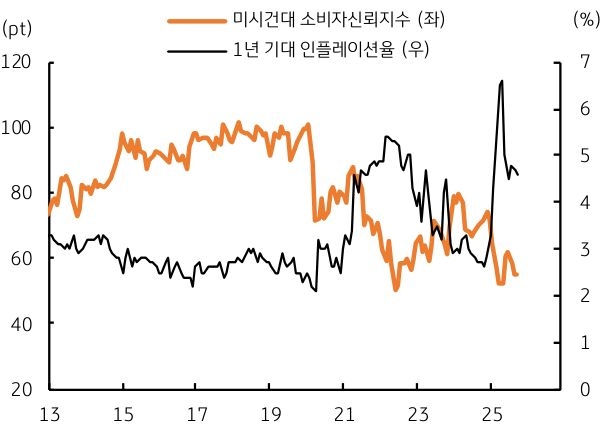 2013년 부터 2025년 까지 '미국' 미시건대 '소비자신뢰지수' 및 1년 기대 인플레이션율 추이를 그래프로 정리했다.