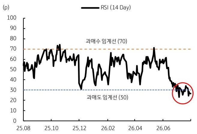 2025년 8월부터 2026년 6월까지 'RSI'(14 Day) 추이를 그래프로 정리했다.
