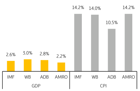 IMF, WB, ADB, AMRO가 전망한 미얀마 GDP와 CPI의 추청치를 막대그래프로 표시했다.