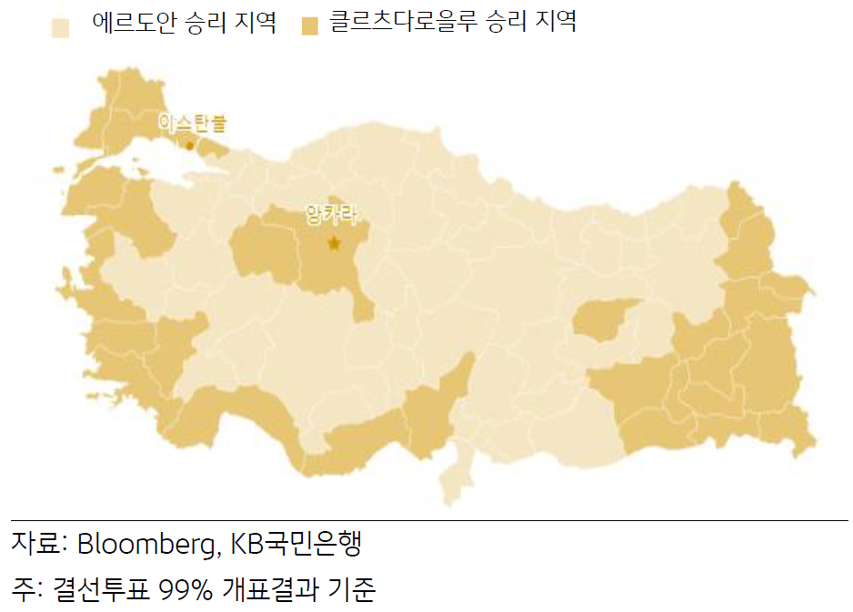 튀르키예의 대선 결과를 튀르키예의 지도에 음영으로 에르도안이 승리한 지역을 나타내고 있다.