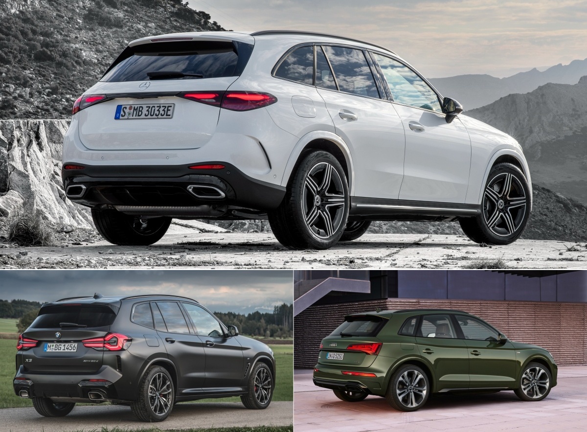 '벤츠 신형  GLC', 'BMW X3', '아우디 Q5'의 후면 사진이다.