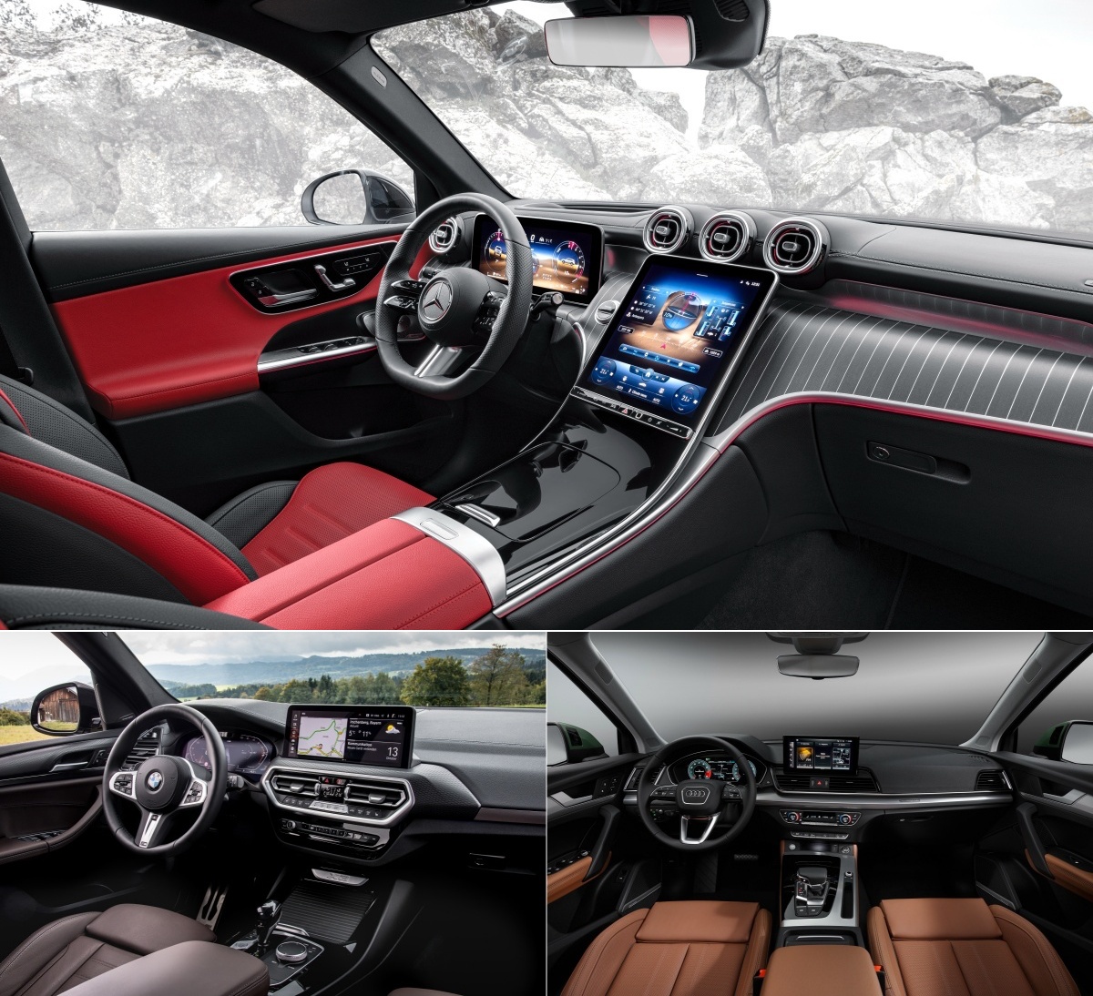 '벤츠 신형  GLC', 'BMW X3', '아우디 Q5'의 실내 사진이다.