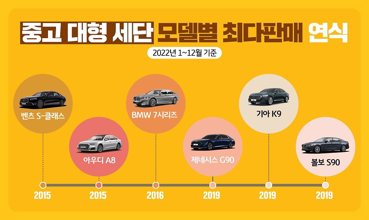 중고 대형 세단의 모델별 최다판매 연식을 보여주는 차트. '독일 프리미엄 브랜드'의 경우 감가상각이 최대한 이뤄진 연식을 찾는 경향이 강하다.