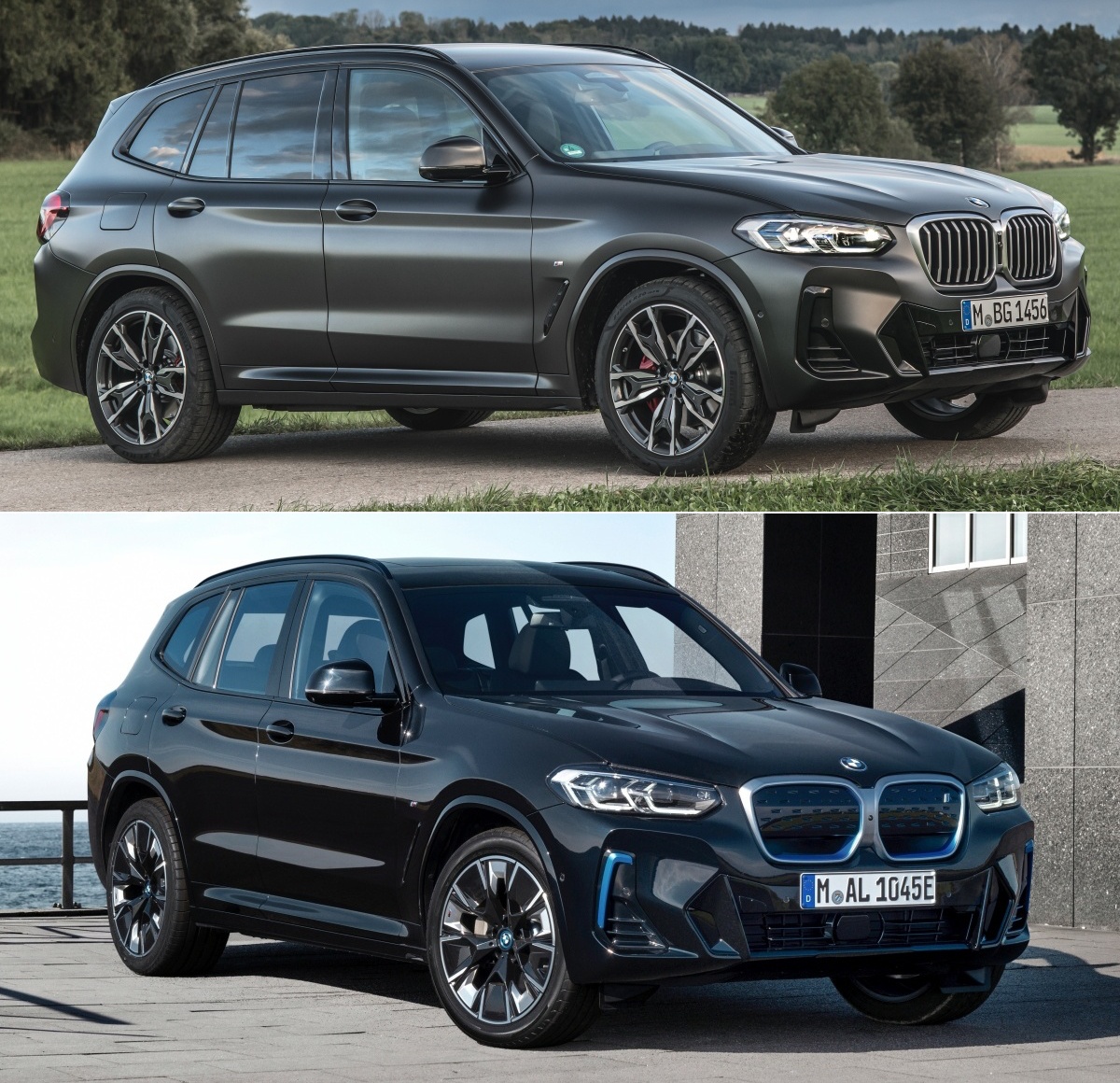 'BMW X3'와 'BMW iX3'의 차체 사진. BMW의 전기차 중 처음으로 출시된 전기차이다.