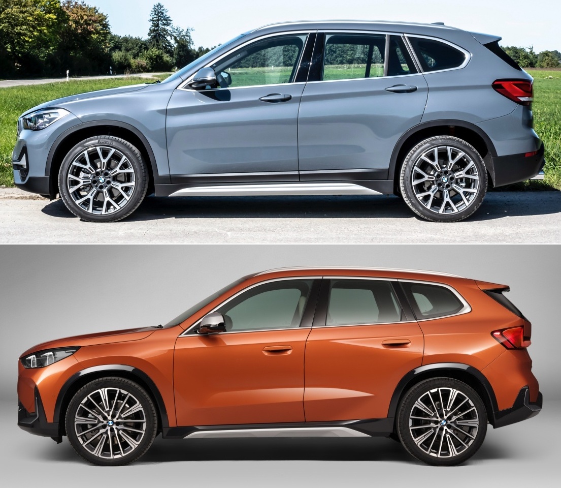 'BMW X1'의 전 세대와 신형 모델의 차체 사진. 신형 X1의 경우 차체 크기가 전체적으로 더 커진 것을 확인할 수 있다.