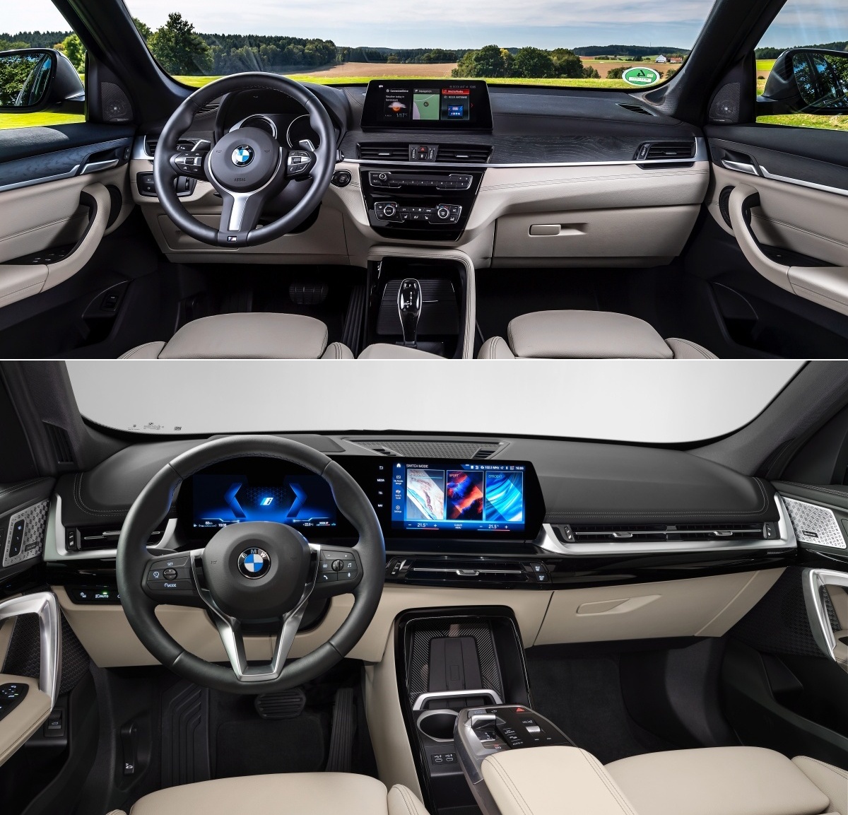 'BMW X1'의 전 세대와 신형 모델의 차량 내부 사진. 실내 계기판과 디스플레이가 하나로 합쳐졌으며, 변속 레버의 축소로 공간감이 상승하였다.