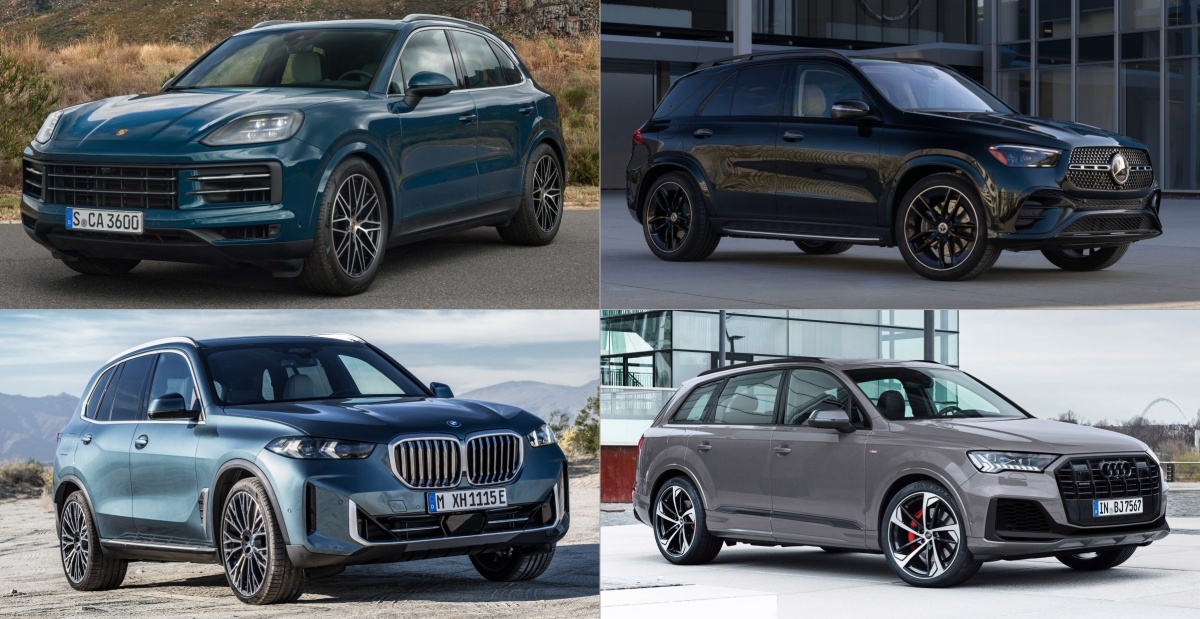 포르쉐 '카이엔'의 럭셔리 준대형 SUV 시장 경쟁종인 '벤츠 GLE', 'BMW X5', '아우디 Q7'의 사진. 카이엔은 타 차종에 비해 날렵하고 역동적인 디자인을 자랑함.