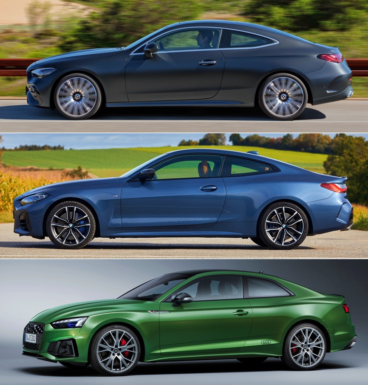 '벤츠 CLE 쿠페', 'BMW 4 시리즈 쿠페', '아우디 A5 쿠페'의 사진이다.