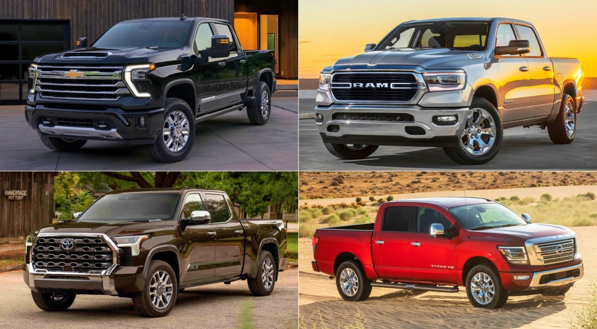 '포드 F-150'의 경쟁 차량인 '쉐보레 실버라도'와 '램 1500', '토요타 툰드라'와 '닛산 타이탄'의 사진.