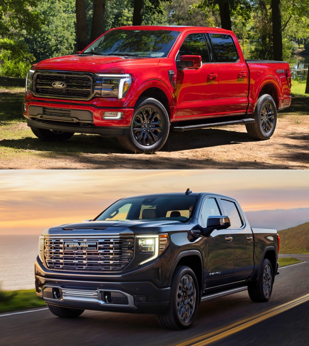 '포드 F-150'의 경쟁 차량인 'GMC 시에라'의 비교 사진. 시에라의 경우 강한 인상과 화려함을, F-150은 굵직한 선으로 간결하면서 힘찬 분위기를 조성.