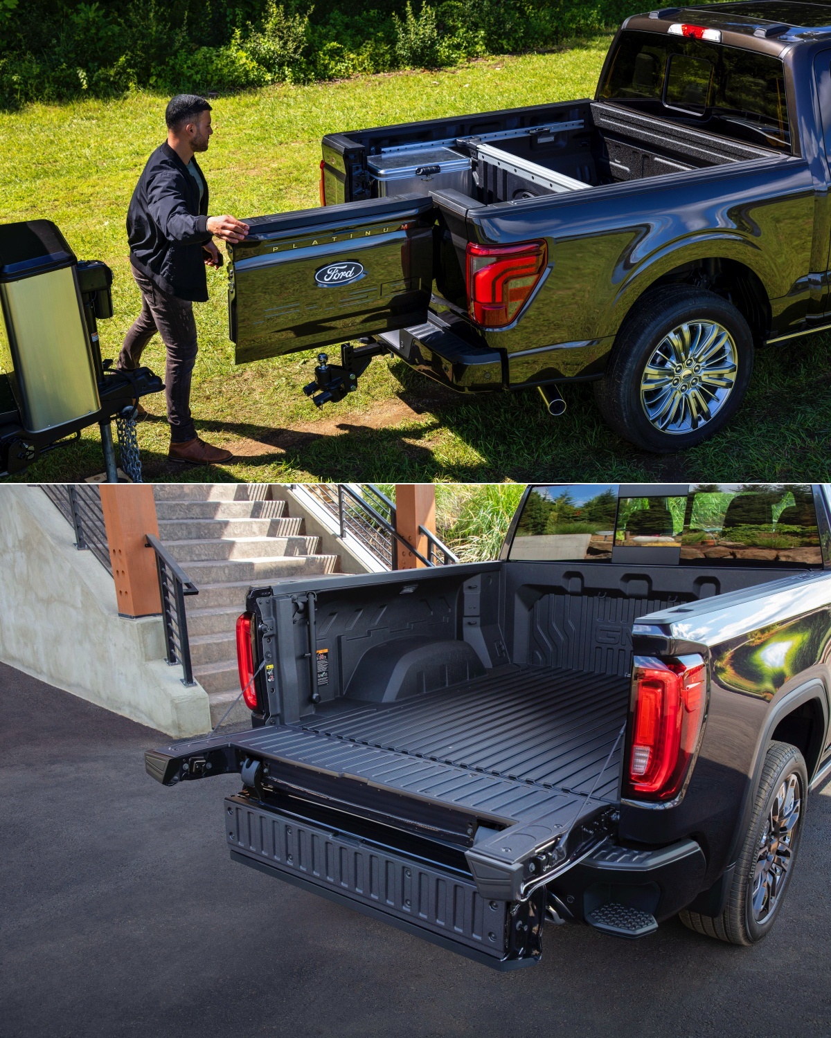 '포드 F-150'의 경쟁 차량인 'GMC 시에라'의 후방 비교 사진. F-150은 프로 액세스 테일게이트를, 시에라는 6가지 형태로 변형되는 6펑션 멀티프로 테일게이트를 적용.